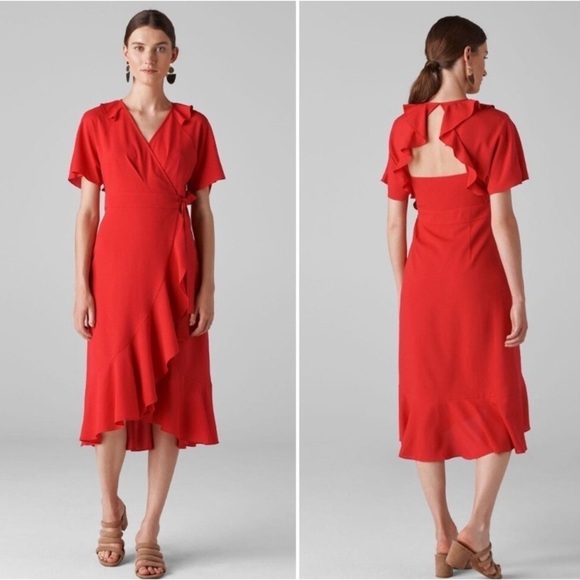 Whistles Abigail frill wrap dress in red. Estimated size 10.